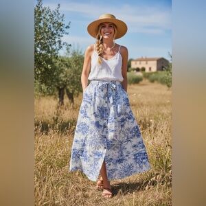 French Countryside Skirt | Blue Toile Maxi Skirt | Belted Bow Barocco Maxi Skirt